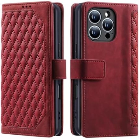 Fodral for iPhone 16 Pro Max, med kortlomme & stativ, Støtsikkert PU-lær Magnetisk Full Beskyttende Flip Lommebok 16ProM