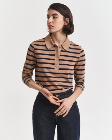 GANT Damen Breton Striped Piqué Langarm-Poloshirt (XS) Braun Beige