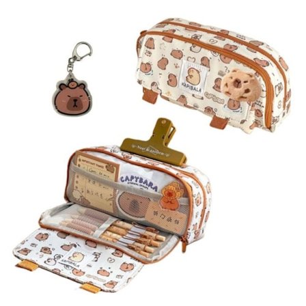 Skole penalhus, 3 deler, barnas penalhus, capybara, leveres med nøkkelring og brosje, rommer 80 penner.