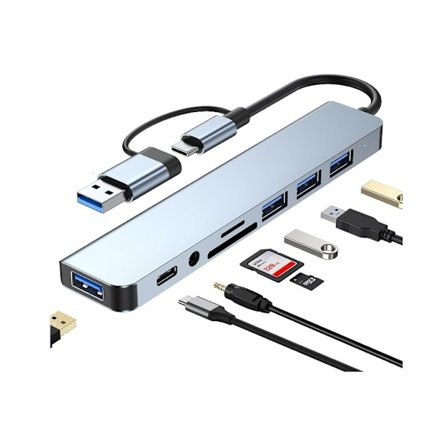 Usb Hub Usb-C Hub 8 Portar 1 Multiportadapter med 2-i-1-kontakt Slim Usb 3.0 Splitter Multi-Span SD-kortläsare Grå YEMAESRE