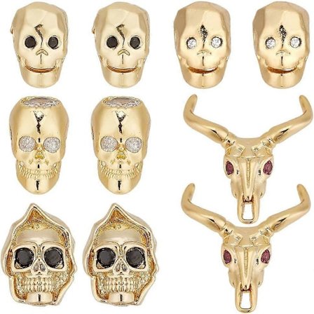 10 stk. Guldfarvede kraniehovedperler 5 stilarter Metal kraniecharms Cubic Zirconia Skeletperler Kranie Løse perler Krystal Kranie Skeletperler til 