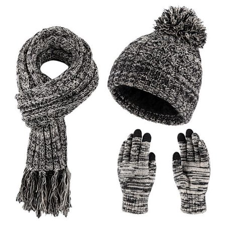 3-delt vintersæt til damer – Strikket hue, varme handsker, halstørklæde (Sort)