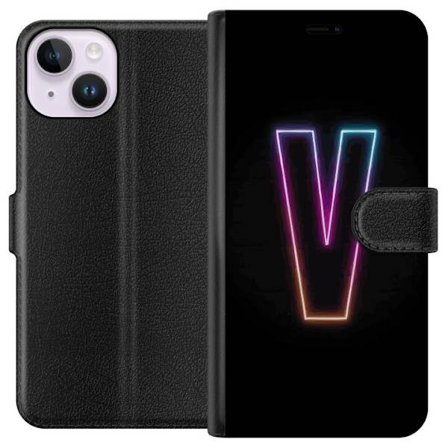 Kompatibel Tegnebogsetui til Apple Apple iPhone 14 Neonbogstav V i farvegradueret lys mod sort baggrund, minimalistisk design med tydelig glød og mod