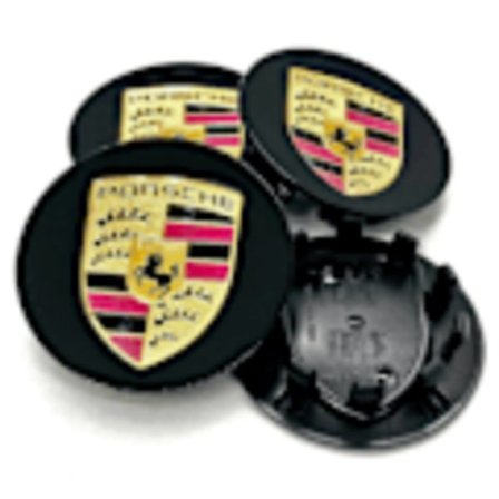 4-pakning - Porsche senterkopp/felgemblem - bil 75 mm svart