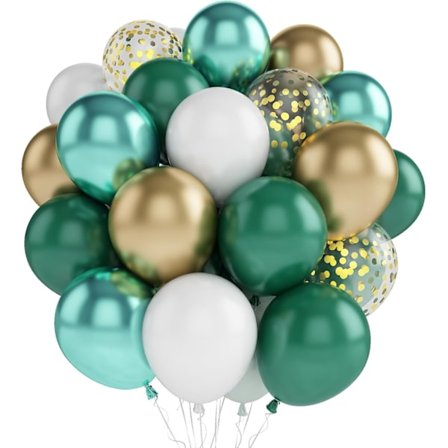 Grön Guld Ballongset: 60 stycken 12 tum metalliska mörkgröna guldballonger, vita latexballonger med band