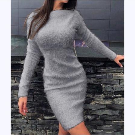 Damklänning Bodycon Fuskpäls Långärmad Plysch Slim Fit Varm