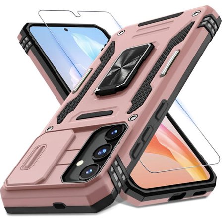 Samsung GaIaxy S25+ Plus 6,7-tums med skjutbart kameraskydd + skärmskydd (1-pack), roterande ringstativ, militärklass Sh0ckproof