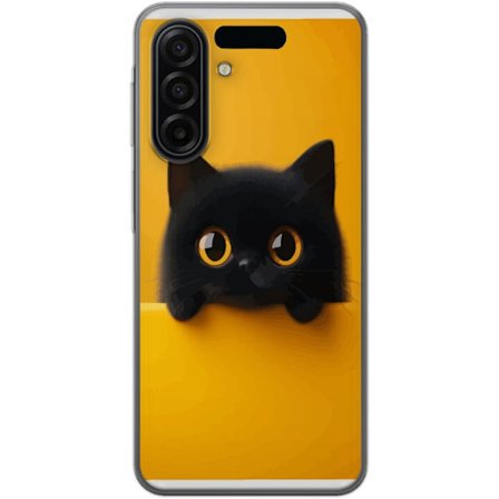 Kompatibelt Mobilskal till Samsung Samsung Galaxy A17 5G Svart katt sticker upp över gul kant - ren och modern illustration med stora ögon, lekfullt