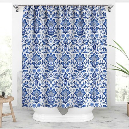 William Morris Vintage Blommig Duschdraperi, Blå Traditionella Mönster Duschdraperi Set för Badrum med 12 Krokar, Elegant Chic Vattentätt Duschdraperi