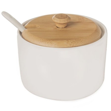 Sukkerskål i porcelæn og bambus - elegant og praktisk til køkkenet