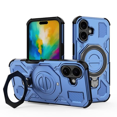 iPhone 16 Pro telefondeksel med 360° stativ, blå