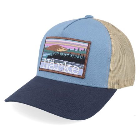 Wild Spirit - Beige trucker Keps - Swedish Närke Landscape Light Blue/Khaki/Navy A-Frame Trucker @ Hatstore