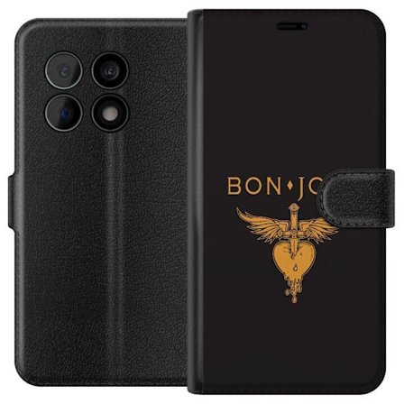 Kompatibelt Plånboksfodral till OnePlus OnePlus 10 Pro Ikonisk musikillustration med bevingat hjärta och dolk i guldtoner på mörk bakgrund, kraftf