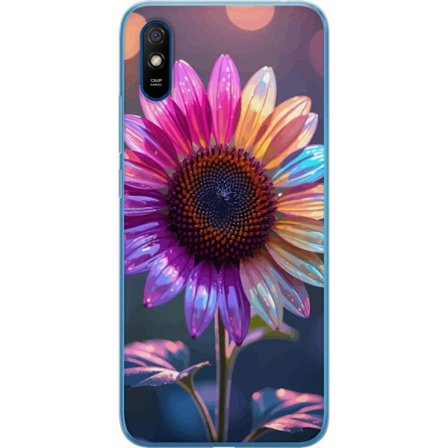 Kompatibelt Mobildeksel til Xiaomi Redmi 9A Irideserende blomst med glitrende kronblad i rosa lilla og gull mot myk bokeh bakgrunn