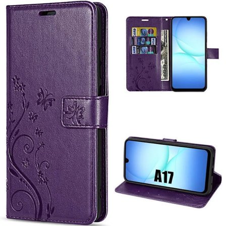 Beskyttelsescover - BOOLING - til Samsung Galaxy A17 4G/5G - Mørk Lilla PU Læder Relief Sommerfugl
