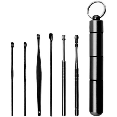 6 St/ Set Öronrengöringssatser Rostfritt Stål Earpick Wax Remover Svart