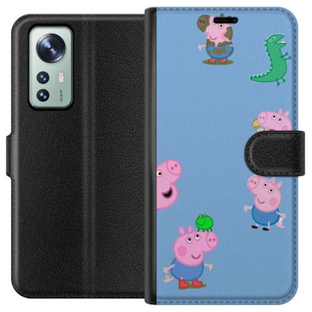 Yhteensopiva Lompakkokotelo Xiaomi 12 Peppa Pig kasvomalli vaaleansinisellä pohjalla, toistuva leikkisä lasten motiivi Greeta Possulla