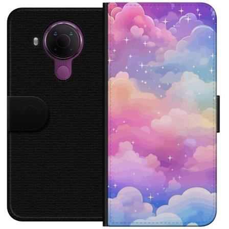 Kompatibelt Lommeboketui til Nokia 5.4 Søt enhjørning med regnbuefarget hår mot en stjernebelagt pastellbakgrunn i kawaii-stil