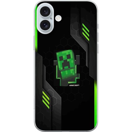 Kompatibelt Mobilskal till Apple Apple iPhone 16 Plus Grön pixelbaserad creeperliknande spelillustration med futuriska neoninslag och mörk techbakgr