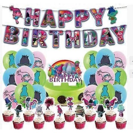 Barn Tecknad Trolls Födelsedagsfest Dekoration Set Inkluderar Grattis på födelsedagen Banner, Ballong, Tårta/muffins Topper, Trolls Party Favor 