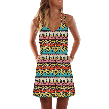Summer Vintage Print Dress Dam Slida Camisole Elegant Sleeve