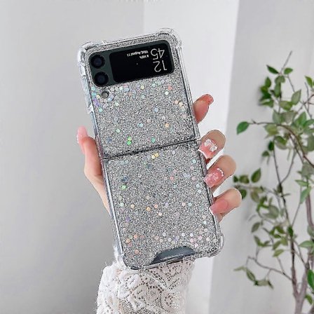 Transparent Glitter Skal Kompatibelt Med Samsung Galaxy Z Flip 4, Hårt PC Fyrhörn Stötsäkert Skydd