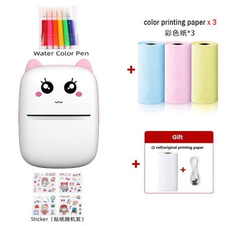 Trådløs termisk printer 203Dpi blækfri udskrivning med farvetrykpapir, akvarelpen og klistermærke, pink