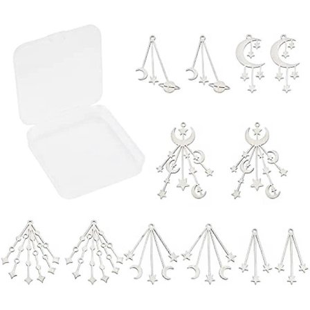 1 Ask 12 st 6 Stilar Måne Stjärna Berlocker Bulk Rostfritt Stål Planet Hängsmycken Metall Galaxy Hängande Hänge Silver