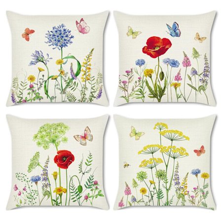 Sæt med 4 pudebetræk Blomster 45 x 45 cm Dobbeltsidet Sommerfuglehave Polyester Linned Dekorativt pudebetræk Dekorative pudebetræk