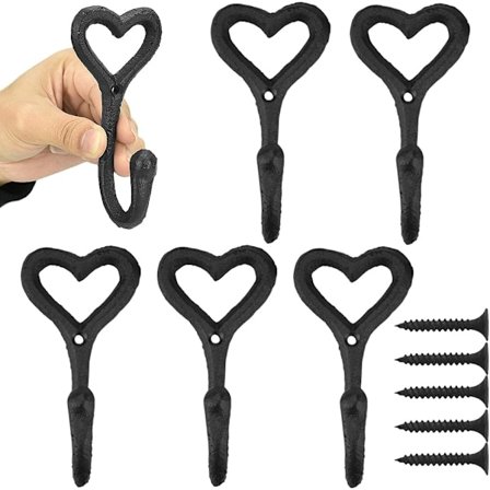 Svart 5 st Metallväggmonterade Klädkrokar 11,5 cm x 5,5 cm x 4,5 cm Vintage Väggkrok Rostfri Hjärtformad Dörrkrok med