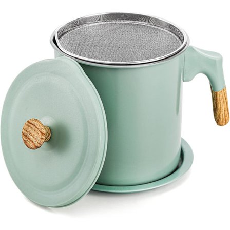Beholder til baconfedt med si, 1,4 l/48 oz oliefilterkande i rustfrit stål til køkkenet, grøn beholder til brugt madolie, fedt og fritureolie