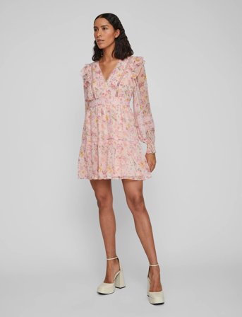 Vila Viroman New V-Neck L/S Short Dress/Dc/Ka - Pink - 40