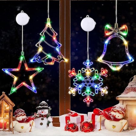 4 stk. julevindueslys med timerfunktion, flerfarvet julevinduesdekoration med sugekop