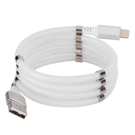 Laddkabel för mobiltelefon i vit aluminiumlegering, självupprullande med magnetisk sugfunktion för IOS (FMY)