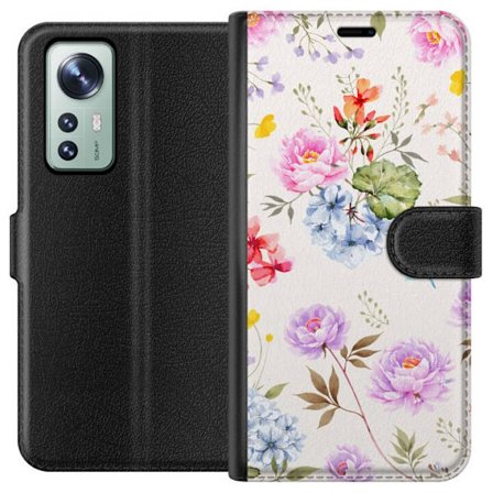 Yhteensopiva Lompakkokotelo Xiaomi Xiaomi 12 Kukkakuviota käsinmaalatuilla kukilla, perhosilla ja hyönteisillä romanttiseen skandinaaviseen tyyliin
