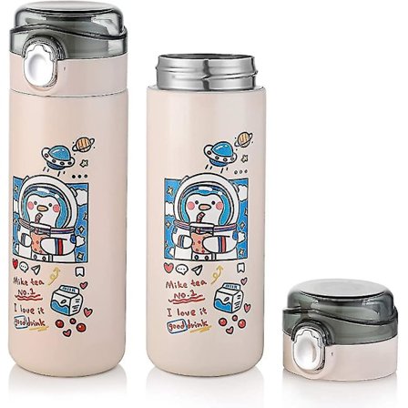 Söt termosflaska, 400 ml isolerad vattenflaska med flipplock, skolflaska för