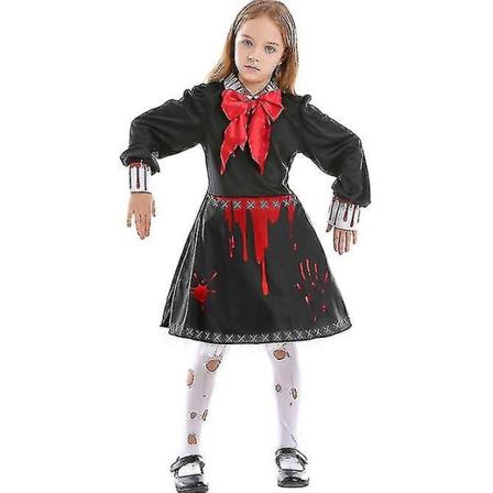 Halloween skumle kostymer Barn Barn Blodig Zombie Ghost Doll Kostyme Cosplay For Jenter Gotisk kjole For 8-10 år gammel