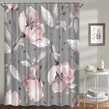 Kukkakuvioiset suihkuverhot kylpyhuoneeseen, vaaleanpunaiset harmaat ruusukukat suihkuverhosetti sininen tausta kangas vedenpitävä pestävä 70*70 