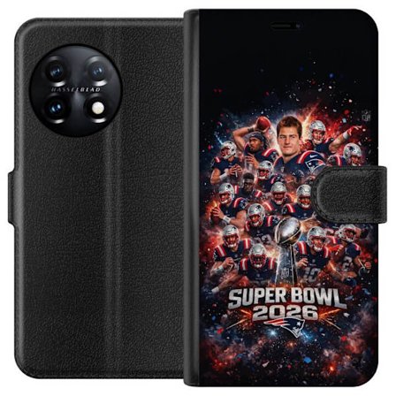 Yhteensopiva Lompakkokotelo OnePlus 11 Super Bowl 2026 juliste, jossa New England Patriots ja NFL-mestaruuspalkinto räjähtävän urheilullisessa suunnit