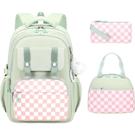 3-pak sød rygsæk til piger med madkasse og penalhus, vandafvisende skoletaske til børn, preppy æstetisk plaid design, alder 4-16_TF_TF