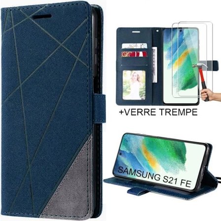 Skyddsfodral för Samsung Galaxy S21 FE - BOOLING - Elegant Mörkblå Syntetläder Fodral - 2 Härdade Glas