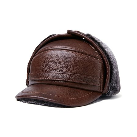 Herre 100% ekte kuskinnhatt Vinter varm utendørs beskytt øre ekte skinnlue for vinter varm fôr (brun) XL {57-58cm}