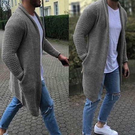 Moderne Herre Ensfarvet Åben Front Strikket Sweater Frakke Løs Lomme Lang Cardigan Vintertøj Tykke Varme Sweaters Herretøj