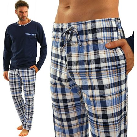 Sesto Senso Herrpyjamas 100% Bomull Långärmad + Pyjamasbyxor Nattkläder - 2188/17 Marinblå - L