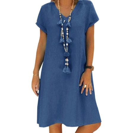 Damekjole Sommer Linnedkjoler Afslappet V-hals Midi Kjole Kortærmet A-linje Kjole Sommerkjole Tunikakjole Uden Tilbehør (Halskæde ikke inkluderet)