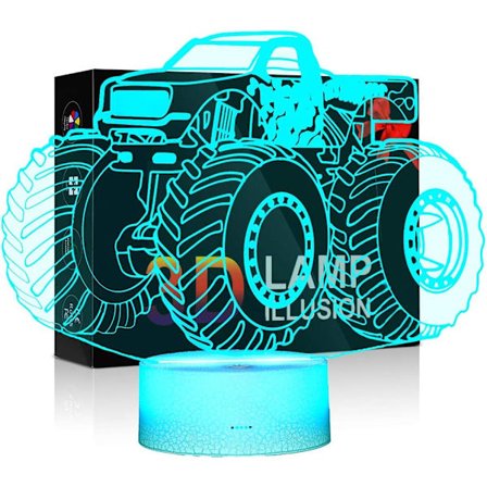 3D Illusionslampe for Barn Monster Truck-serie nattlampe nattlys LED-lamper 7 farger for barnerom lamper