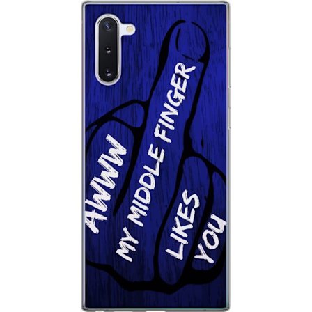 Kompatibelt Mobildeksel til Samsung Galaxy Note10 Mørk typografisk illustrasjon med hjerteform og budskap om vennskap mot dyp blå tretekstur