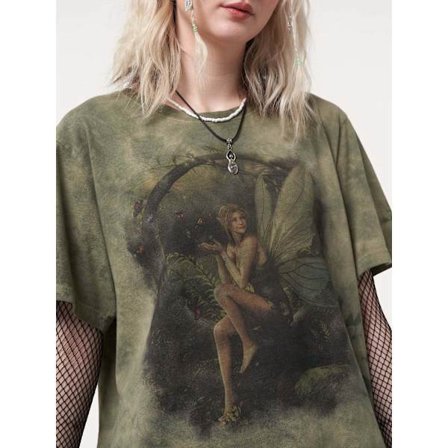 2022 Europeisk og amerikansk ny Ma Siwei konsert digitaltrykk High Street-stil kortermet T-skjorte dame Fairy Print (1 stk, L)