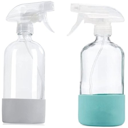 Genomskinliga glas sprayflaskor med silikonskydd, påfyllningsbar tom flaska för rengöringslösningar, spray