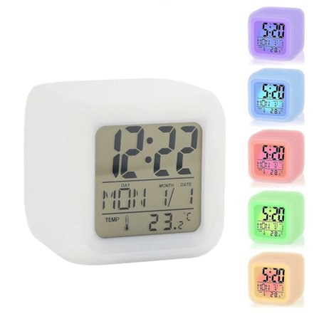 LED Vækkeur Sengebord 7 Farver Display Digital Ur Kids Vækkeur med Snooze Funktion Nattelys Temperatur Tid Dato